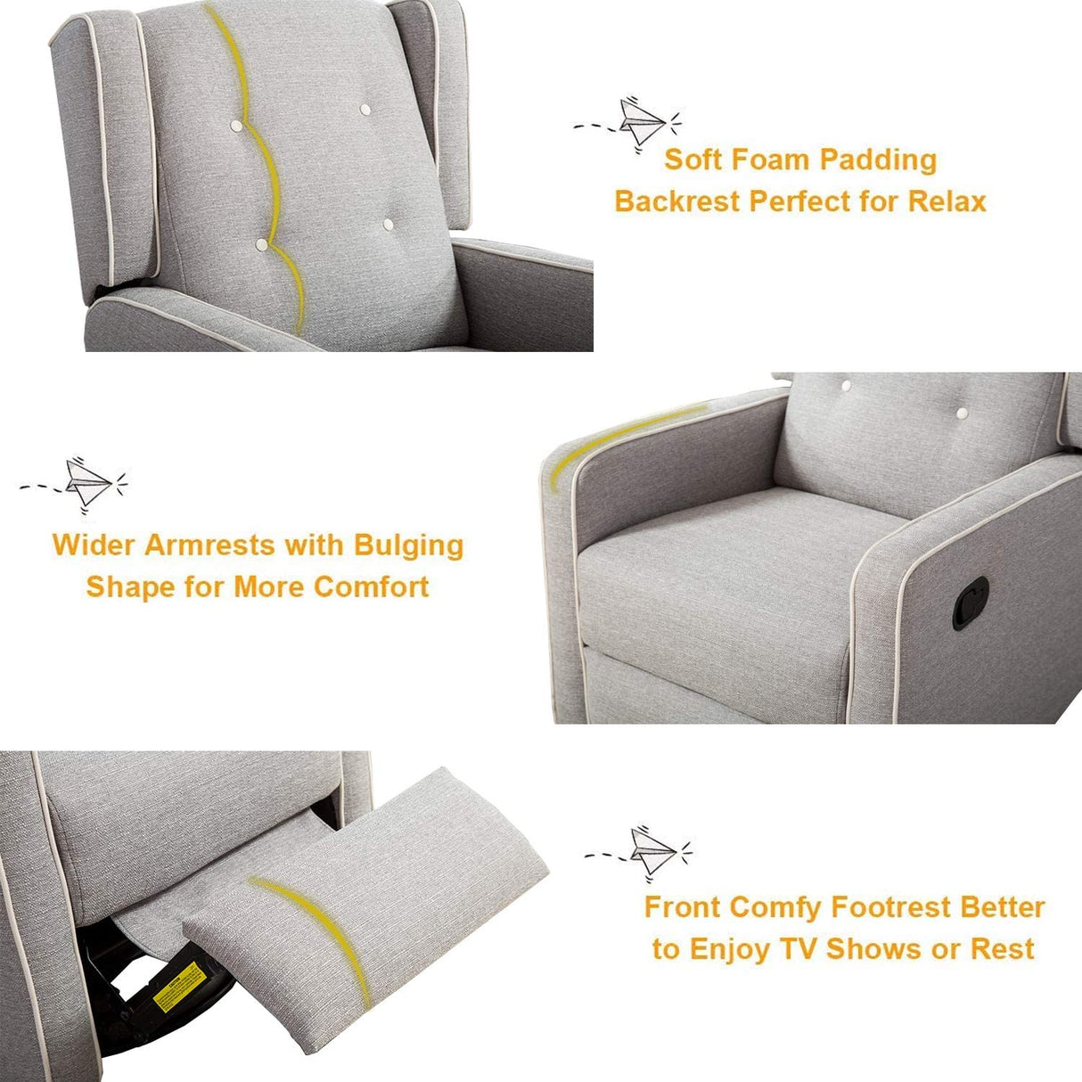 CANMOV Swivel Rocker Recliner Chair, Nursery Glider Chair, Nursery Rocking Chairs, Manual Reclining Chair, Grey CANMOV