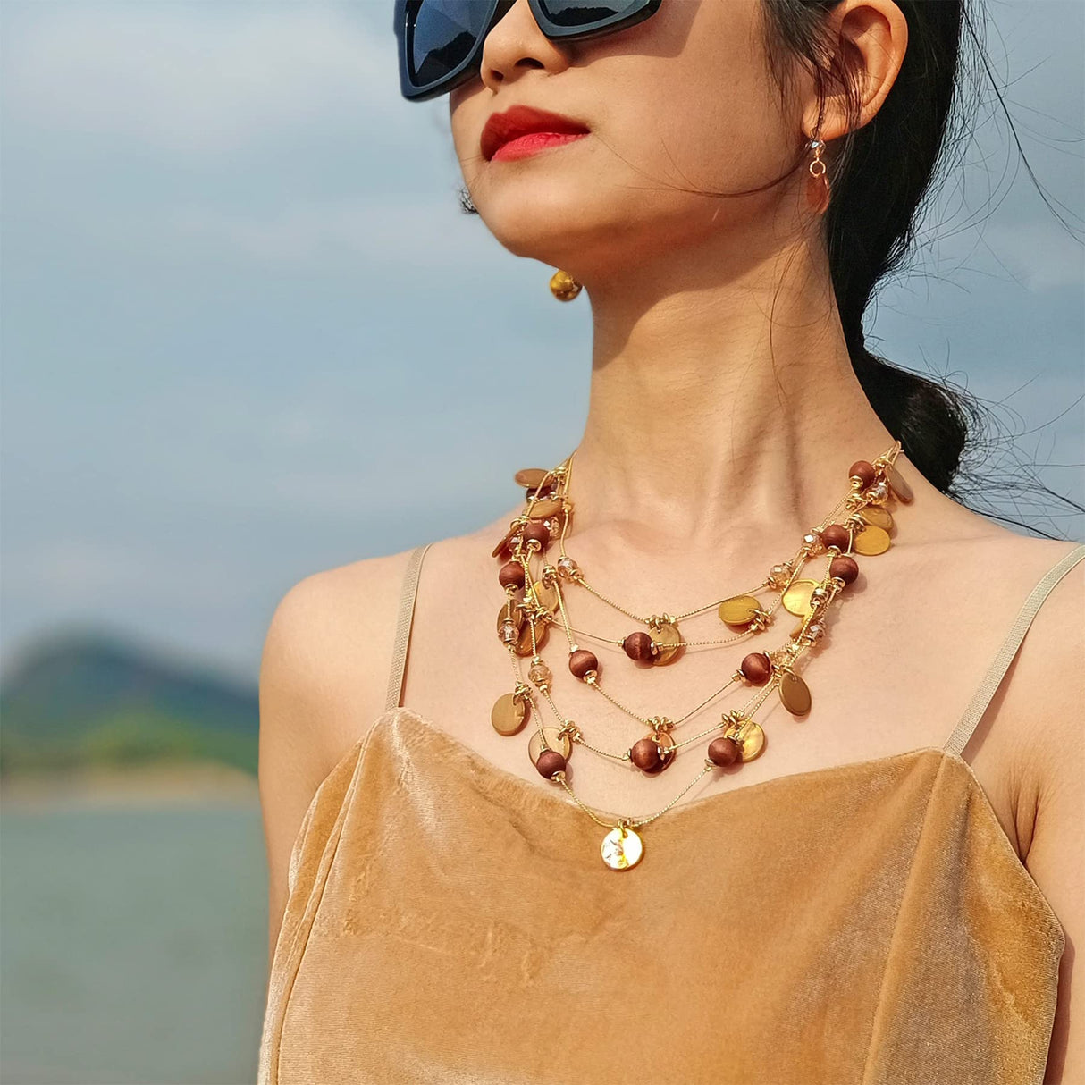 Firstmeet Handmade Multi-Layer Round Shell Wooden Beads Necklace with Earrings(XL-1101-Brown) Firstmeet