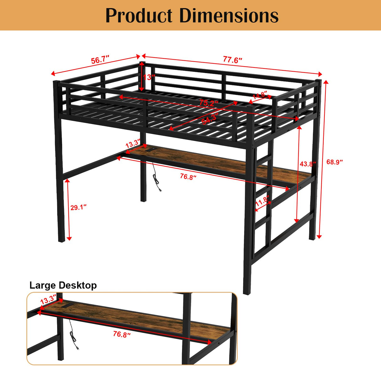 MAKIAAP Full Loft Bed with Desk, Metal High Loft Bed with LED Lights, Charging Station, Full Loft Bed Frames for Kids, Junior, Space Saving, Noise Free, Black (Black, Full) MAKIAAP