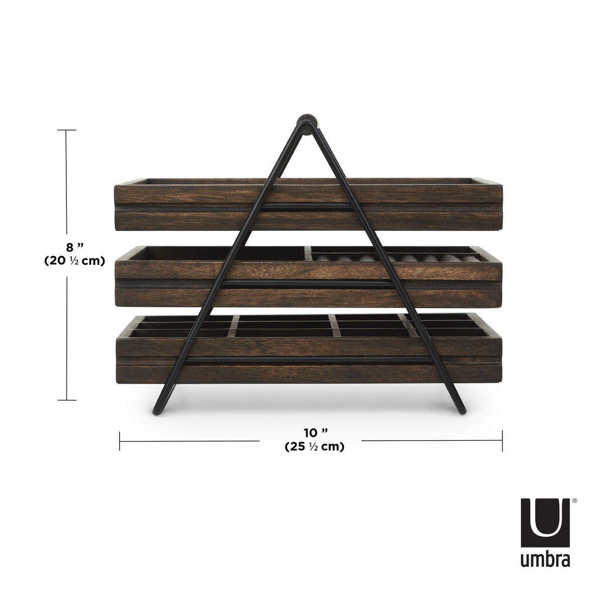 Umbra Terrace Tier Jewelry Three Sliding Linen Lined Wood Trays with Metal Frame and Handle, Easy Storage and Access, Walnut, 3 Each Umbra