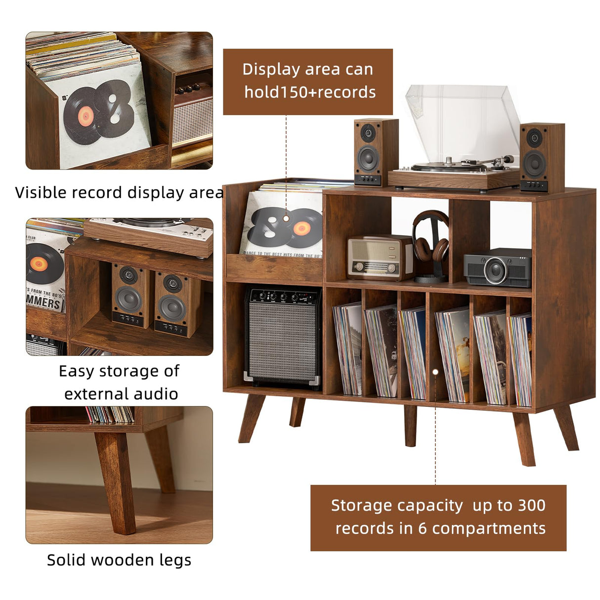 LELELINKY Large Record Player Stand, 48‘’Turntable Stand with Storage, Vinyl Record Holder with Display Area, Record Player Table Holds Up to 450 Albums, Record Stand for Music Room Living Room LELELINKY