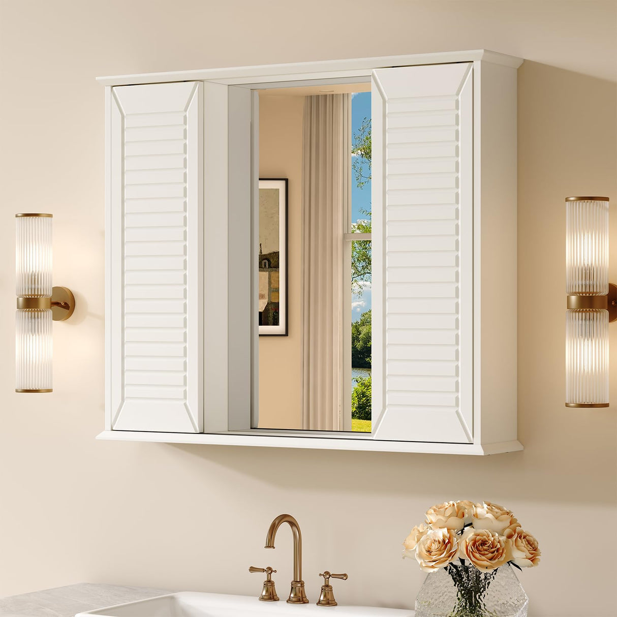 FFBCFDK Bathroom Medicine Cabinet Mirror 28.3 x 23.8 inch Bathroom Mirror with Storage Wall Mounted Medicine Mirror Cabinet Wood Organizer with 2 Door Surface Mount Farmhouse Storage Cabinet FFBCFDK