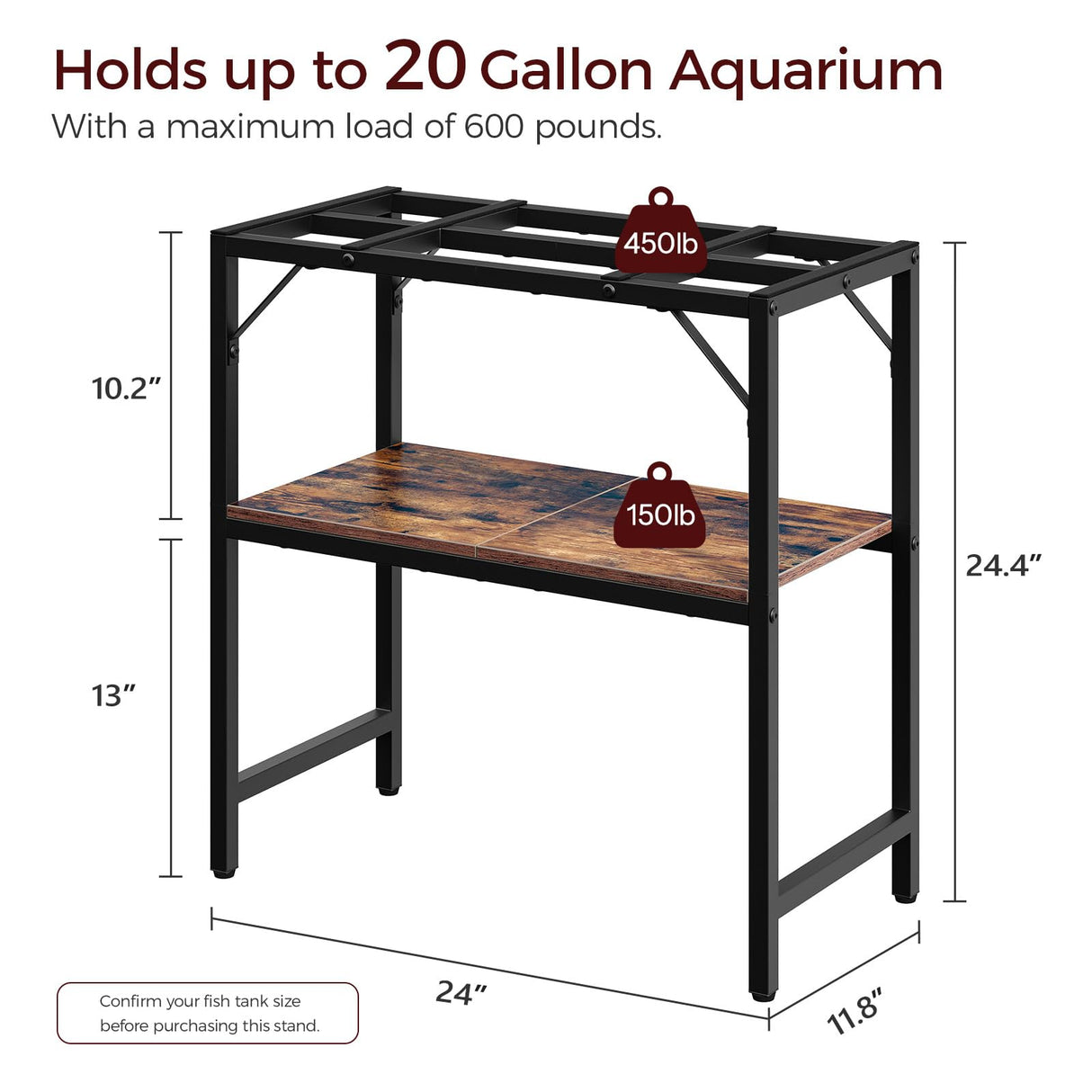 MAHANCRIS 20 Gallon Fish Tank Stand, Aquarium Stand with 2-Tier Storage Shelves, Heavy Duty Breeder Turtle Terrarium Stand Rack for Home Office, 24.0" L x 11.8" W x 24.4" H, Rustic Brown FTHR2001 MAHANCRIS