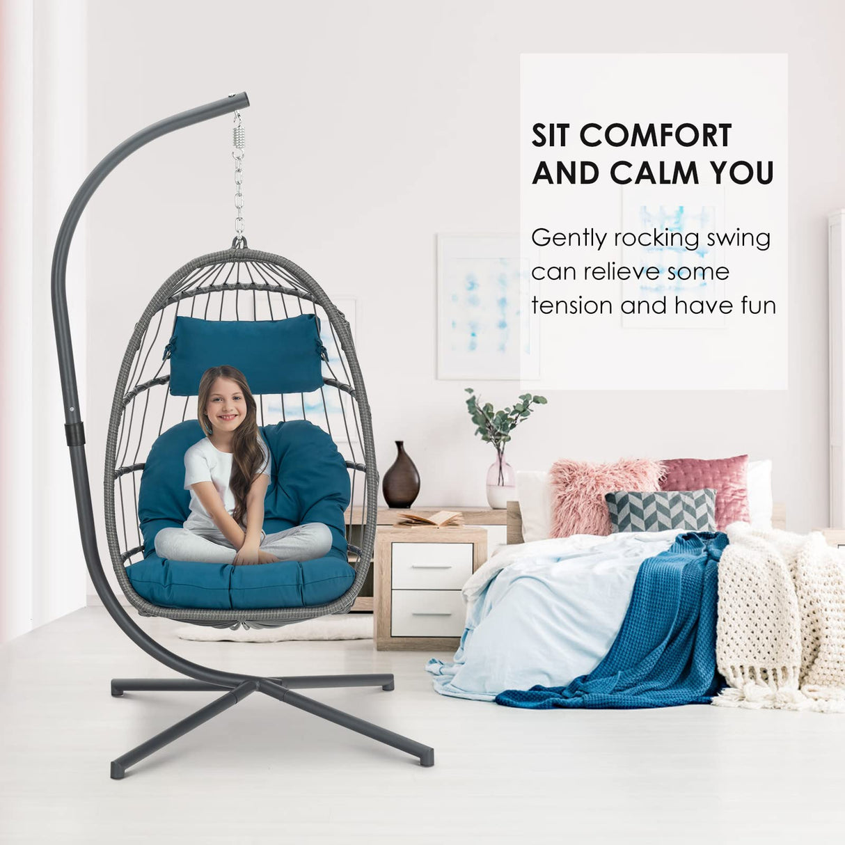 Brafab Wicker Rattan Hanging Swing Egg Chair, Aluminum Frame and UV Resistant Cushion, Indoor Outdoor Patio Porch Lounge Hand Made Chair 350LBS Capacity Brafab