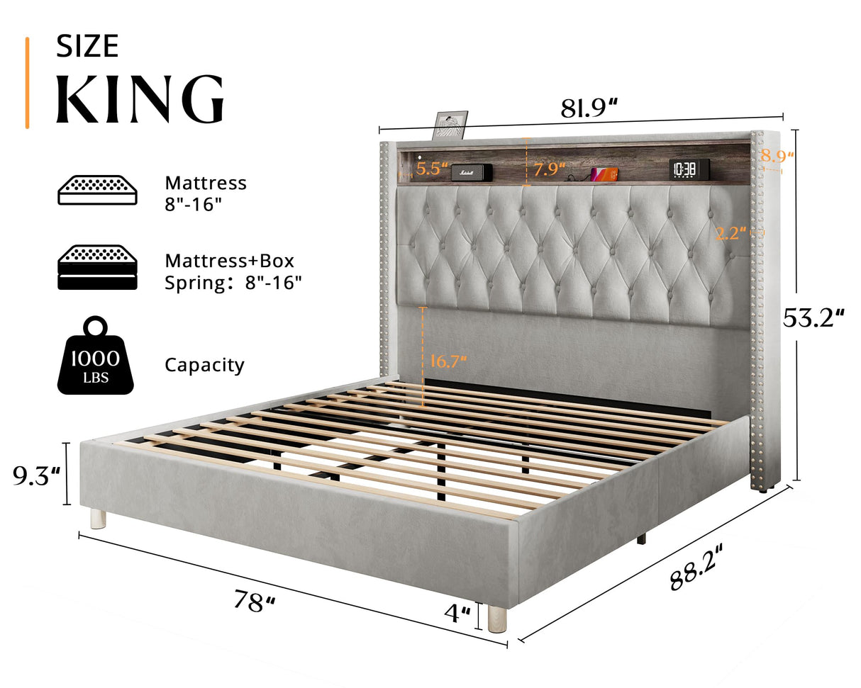 Jocisland King Size Bed Frame 53.6'' Tall Headboard LED Lights and Charging Station, Velvet High Upholstered Platform Bed Wingback Storage, No Box Spring Needed, No Motion Light Under Bed, Light Gray Jocisland