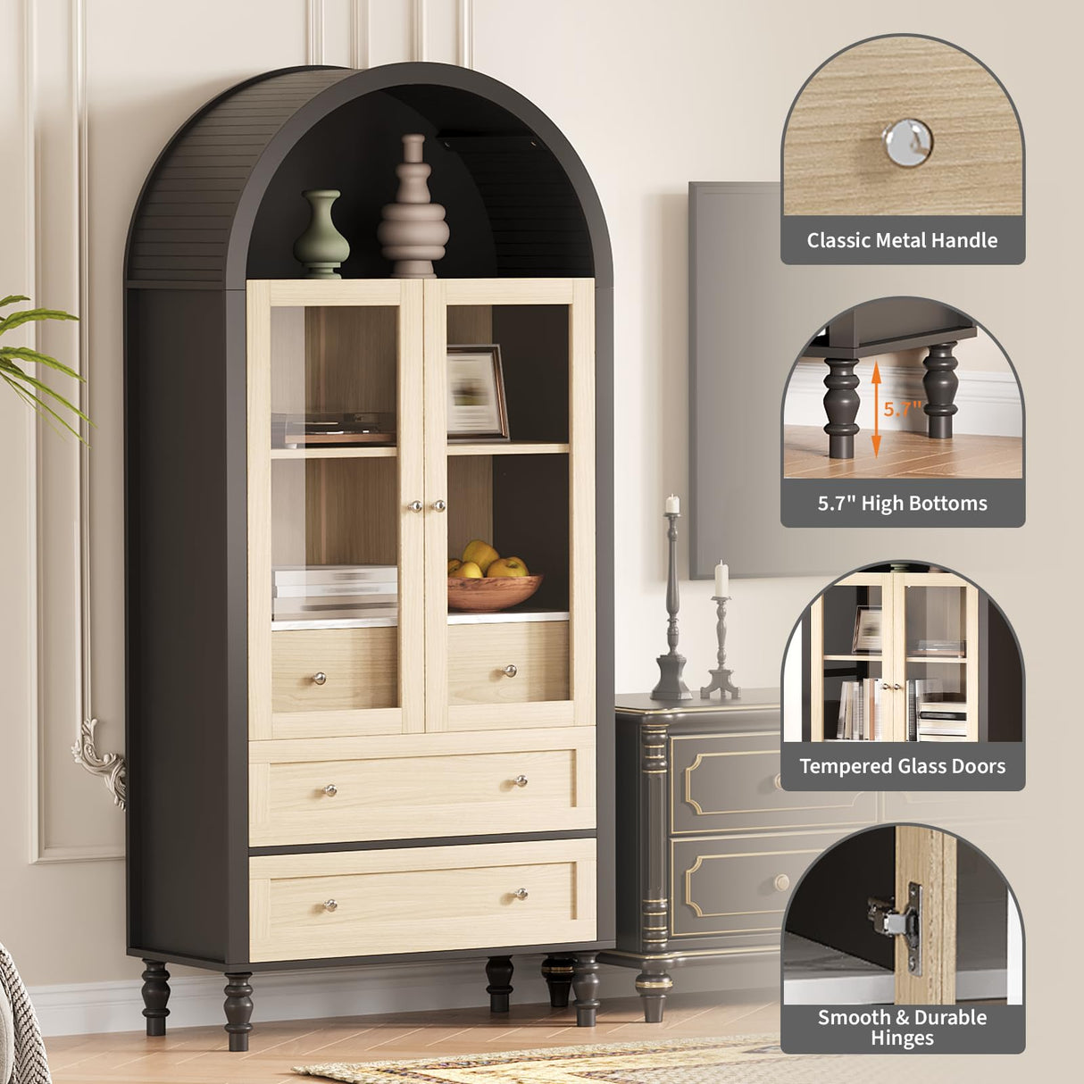 70 in Tall Arched Storage Display Cabinet, Kitchen Pantry Cabinet with LED Lights, Adjustable Shelf, 3 Drawers and Tempered Glass Doors, Boho Arch Bookshelf for Kitchen Dining Living Room- Black & Oak Garvee