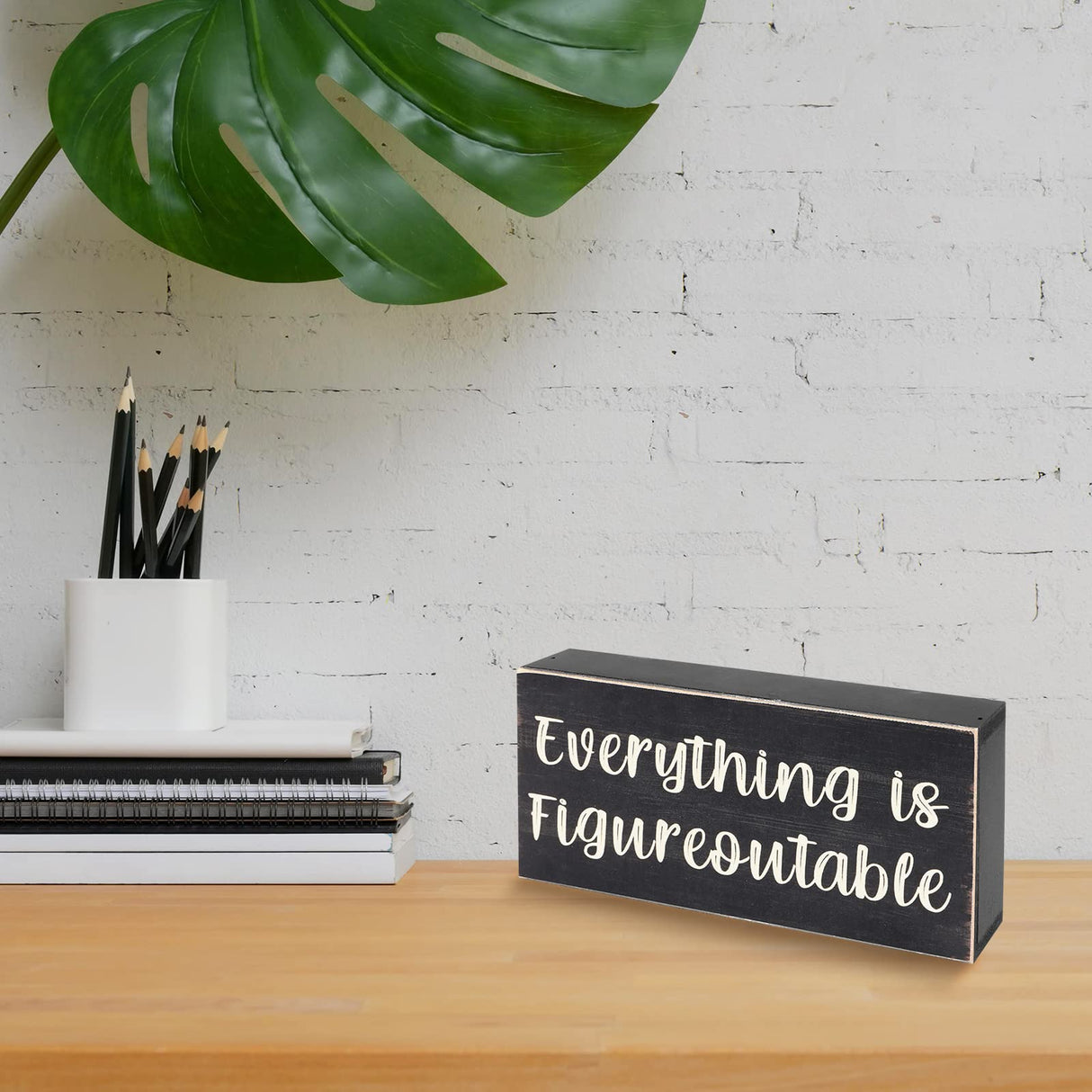 Esur Home Office Desk Black Decor - Inspirational Farmhouse Wooden Box Sign - Everything is Figureoutable esur