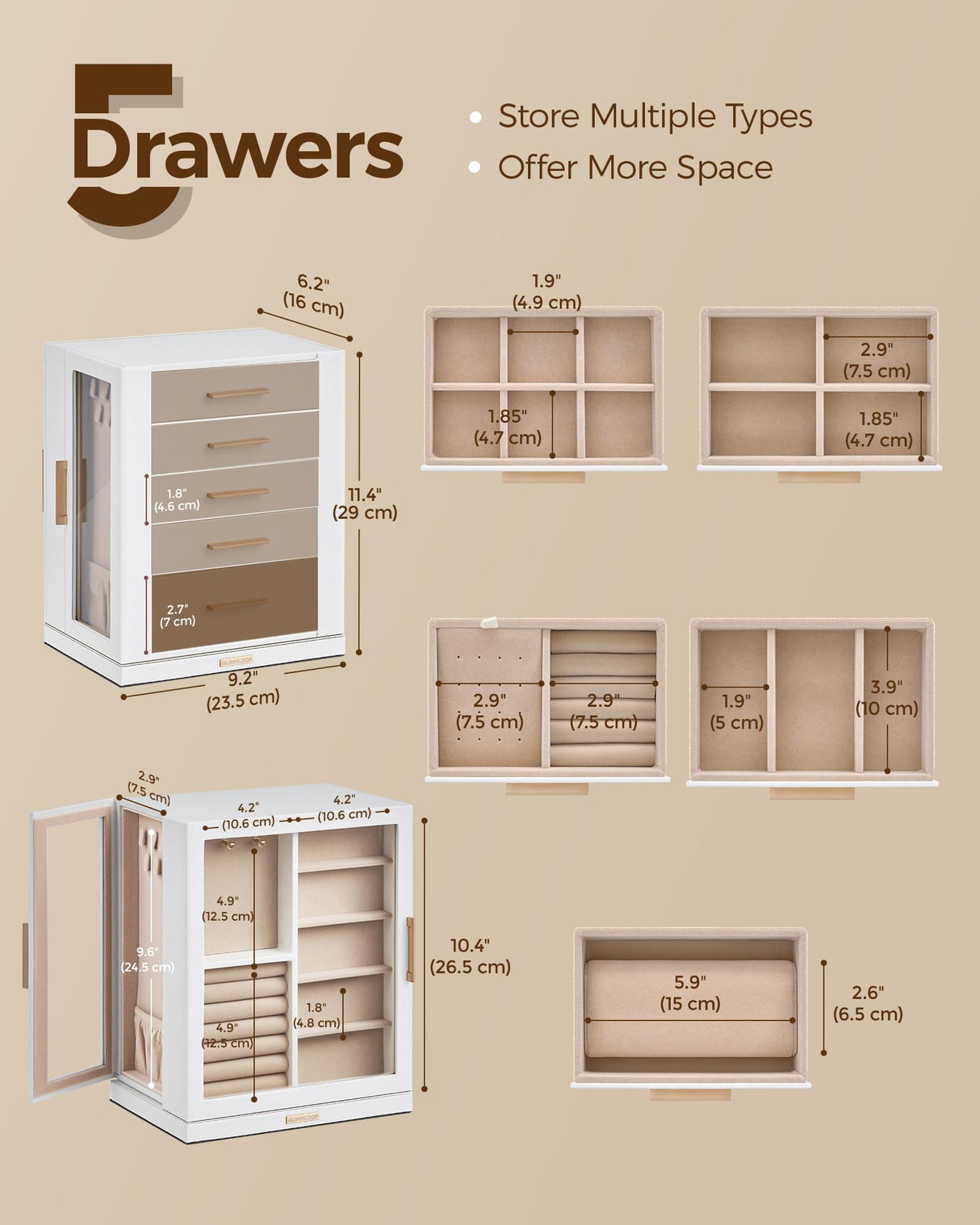 Glimmloop 360° Rotating Jewelry Box with 5 Drawers, Spacious Vertical Jewelry Organizer with Glass Window, Jewelry Storage Case, Dustproof & Moisture-resistant Design, White Glimmloop