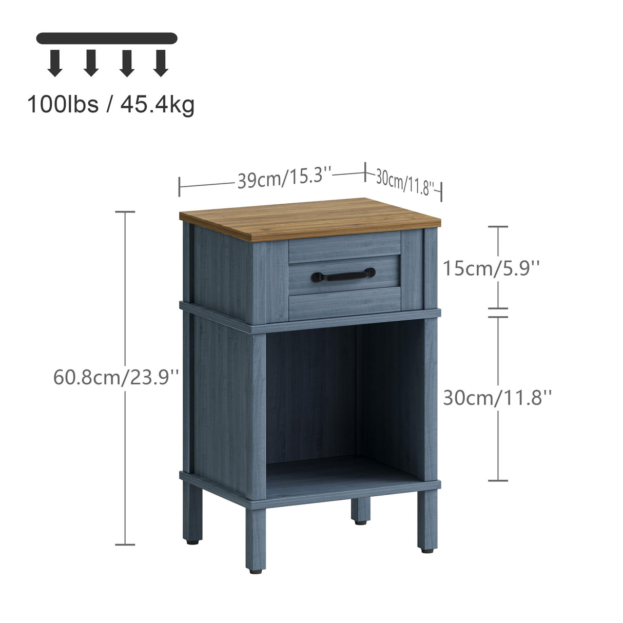Farmhouse Nightstand with Drawer, Wood Bedside Table with Open Shelf, Modern Bedside Cabinet for Bedroom, Small End Table, Side Tables with Storage Shelf for Bedroom Blue LET512LR YAUKTAK