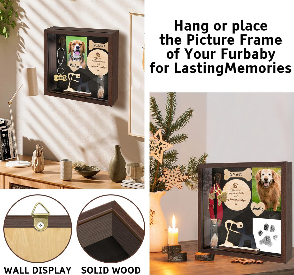 Pet Memorial Shadow Box for Dog Cat with Pet Paw Print Impression Kit, Dog Wood Picture Frame Memorial Gifts for Loss of Dog Pets Sympathy Gift PIPIONE