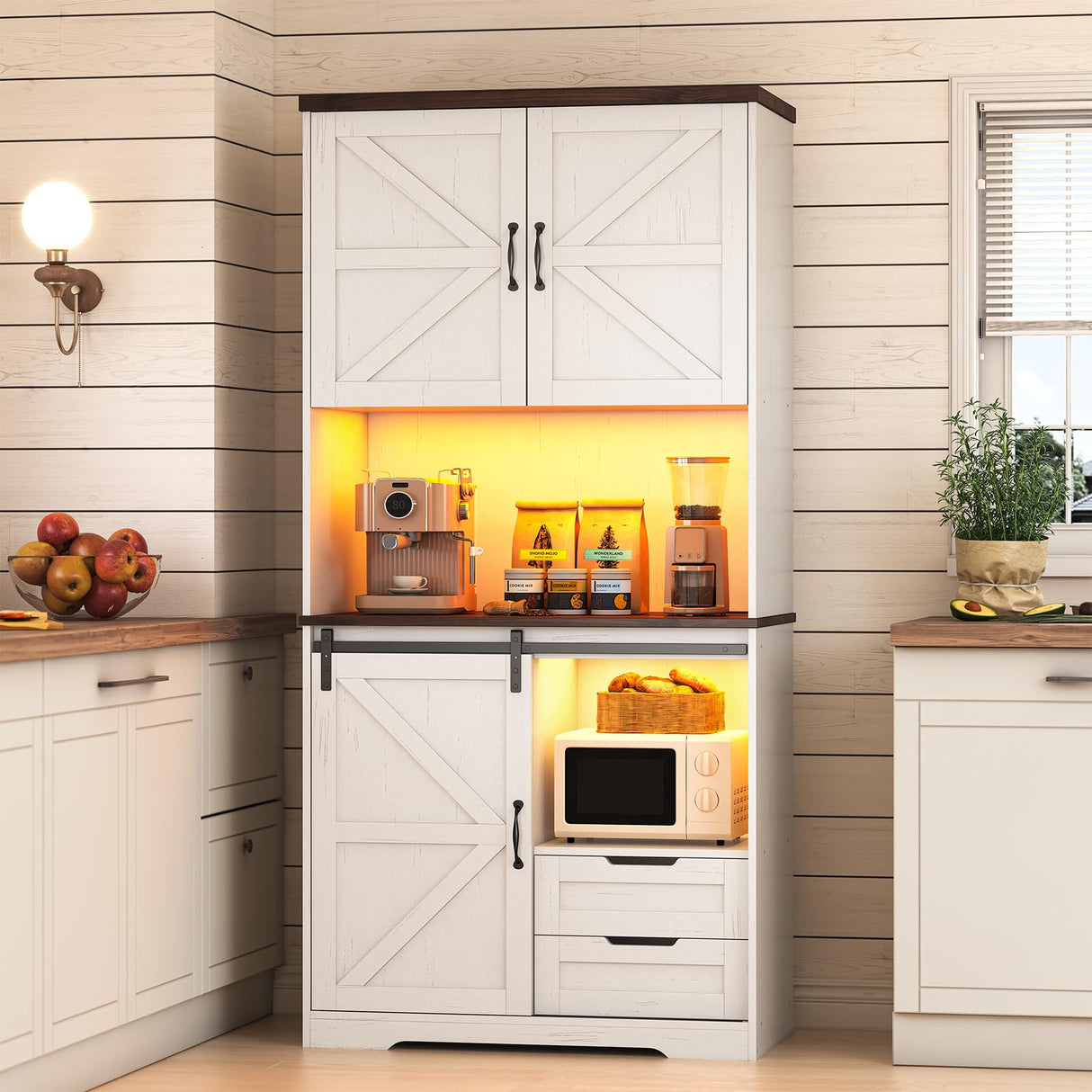 UPOSOJA Farmhouse Kitchen Pantry Storage Cabinet with Drawers & Shelves, Freestanding Hutch and Adjustable Shelves, Versatile Storage for Kitchen, Dining Room, Living Room (Old White) UPOSOJA