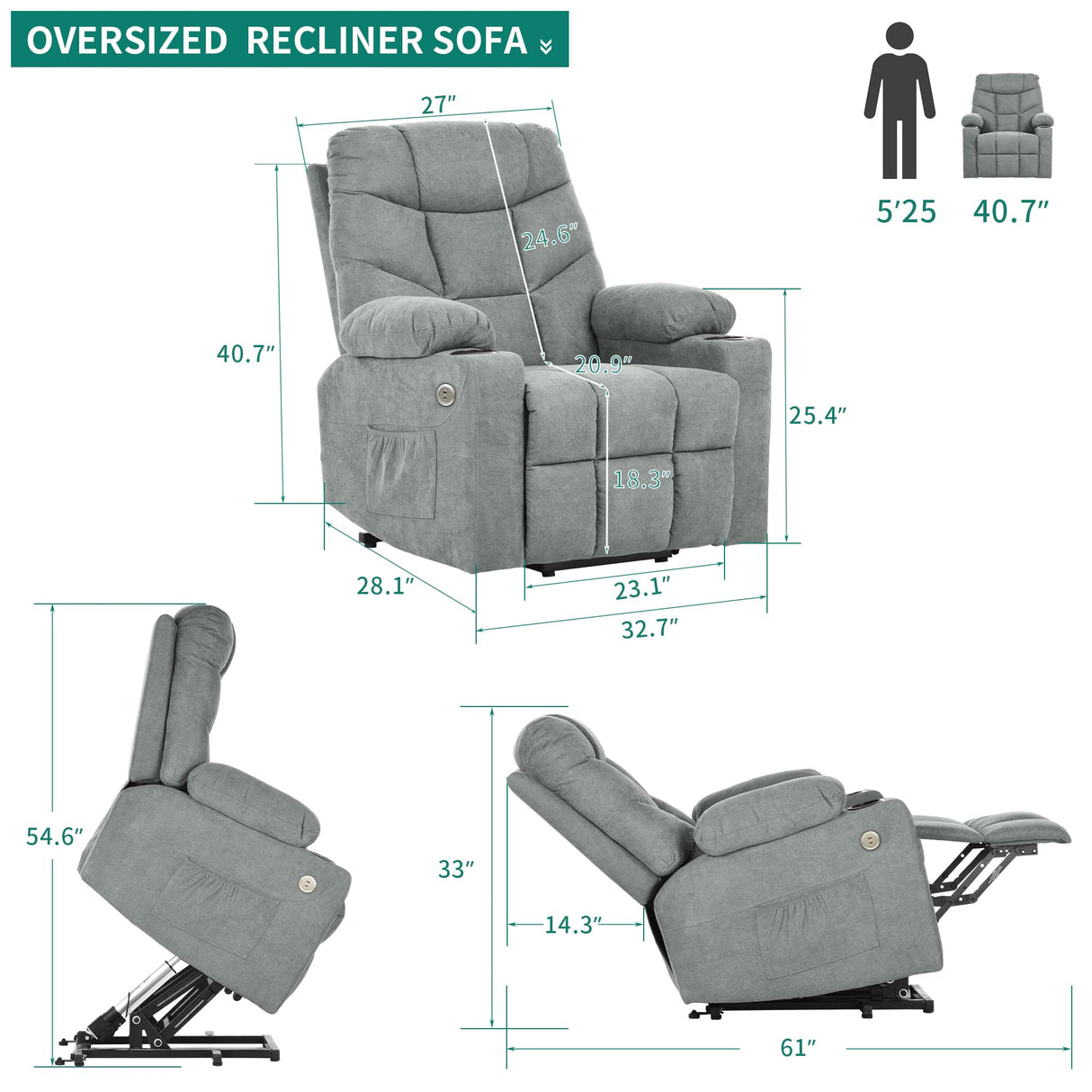 YITAHOME Electric Power Lift Recliner Chair for Elderly, Fabric Recliner Chair with Massage and Heat, Spacious Seat, USB Ports, Cup Holders, Side Pockets, Remote Control (Grey) YITAHOME