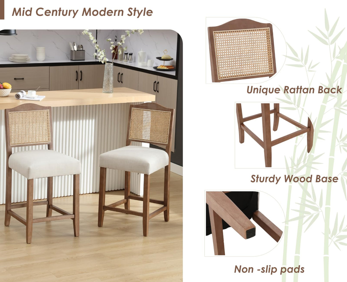 CIMOTA Counter Height Bar Stools Set of 4 Rattan Farmhouse Barstools Mid Century Modern Bar Chairs Upholstered Kitchen Stools with Wood Legs for Island/Dining Room, Linen Beige 26.5In CIMOTA