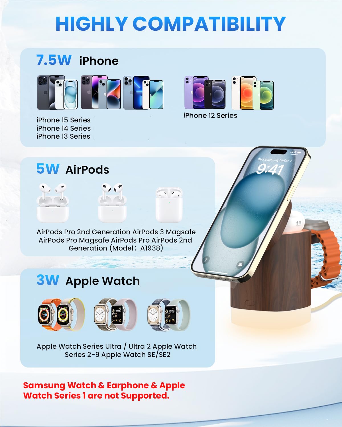 JoyGeek 3-in-1 Charger Stand for Magsafe: Foldable Wireless Charging Station with Night Lights - Magnetic Charger Dock for iPhone 15/14/13/12 Pro/Max/Plus, AirPods, Apple Watch 2-9/Ultra (Burly Wood) JoyGeek