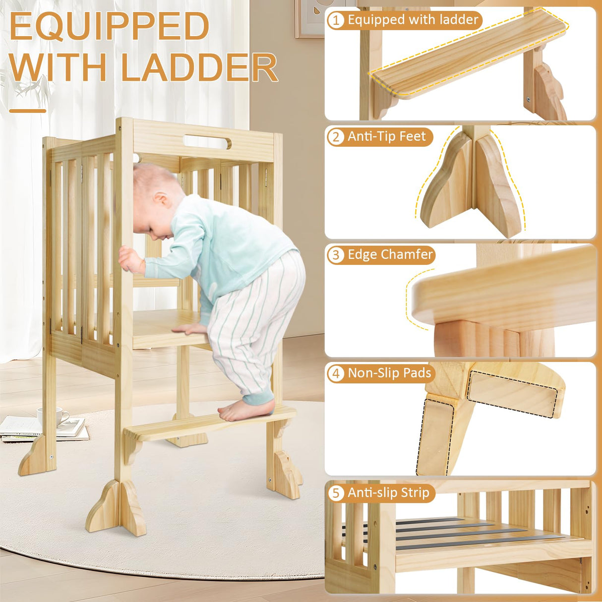 WOOD CITY Kitchen Step Stool Helper - Montessori Foldable Standing Tower for Toddlers with Safety Rail, Height Adjustable Ideal Helper for Learning New Skills, Natural Pure Pine Wood (Natural) WOOD CITY