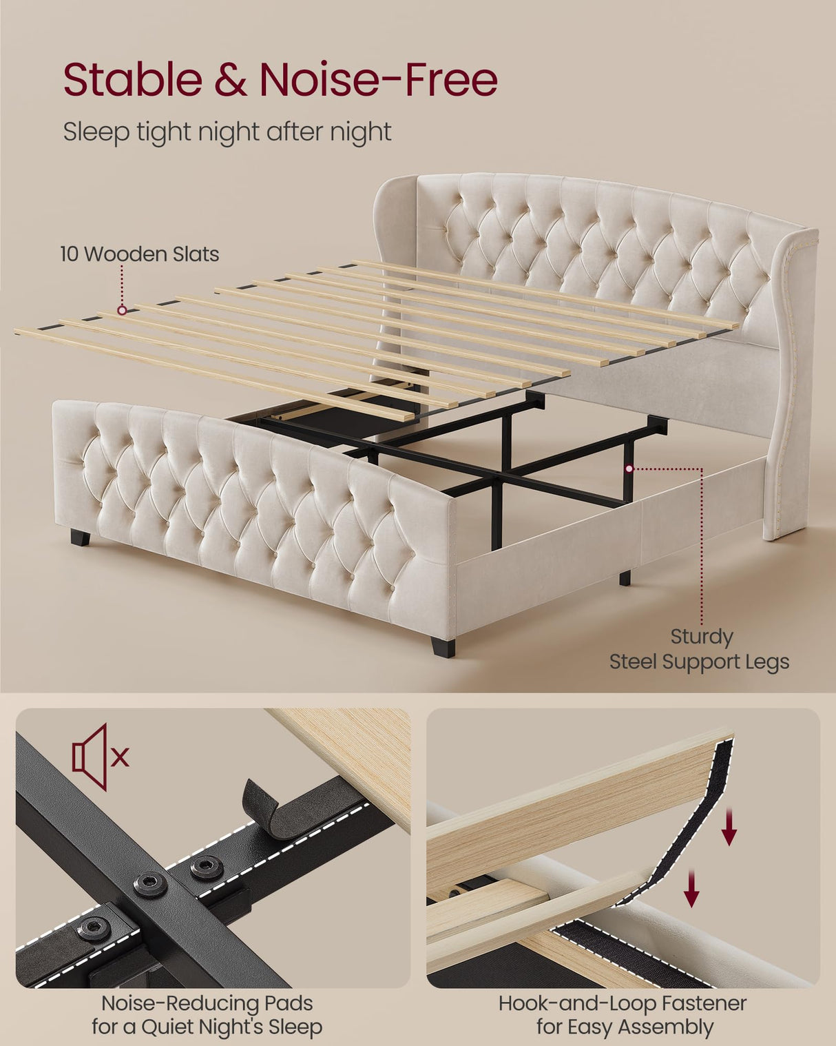 VASAGLE King Bed Frame with Tall Headboard, Upholstered Platform Bed Frame King Size, with Wingback Tufted Headboard and Footboard, Wooden Slats, No Box Spring Needed, Cappuccino Beige URMB884W01 VASAGLE