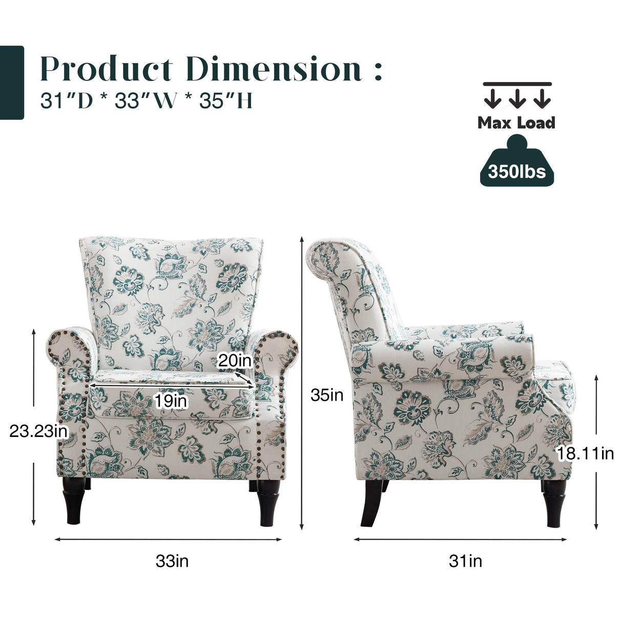HCHAIRH Floral Wingback Accent Chairs Set of 2 with Removable Cushion Comfy Upholstered Armchair with Nailhead Trim and Wood Legs Reading Chair for Living Room, Bedroom, Green HCHAIRH