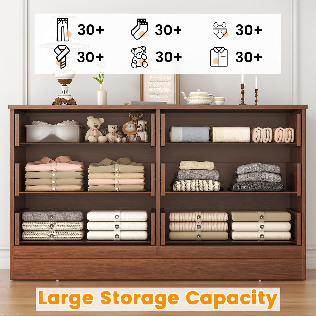 Bigbiglife Wood Dresser for Bedroom, 6 Drawer Double Dresser, Modern Chest of Drawers with Deep Drawers, Large Storage Organizer for Living Room, Closet,15.8" D x 47.2" W x 27.7" H (Walnut Brown) Bigbiglife