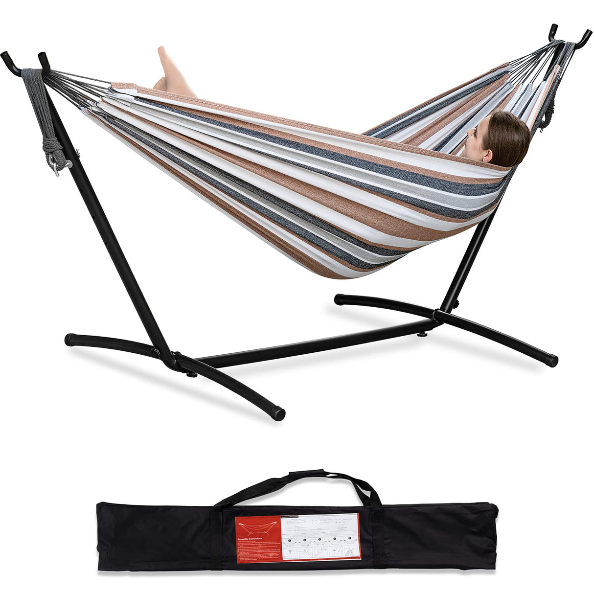 PNAEUT Double Hammock with Space Saving Steel Stand Included 2 Person Heavy Duty Outside Garden Yard Outdoor 450lb Capacity 2 People Standing Hammocks and Portable Carrying Bag (Coffee) PNAEUT