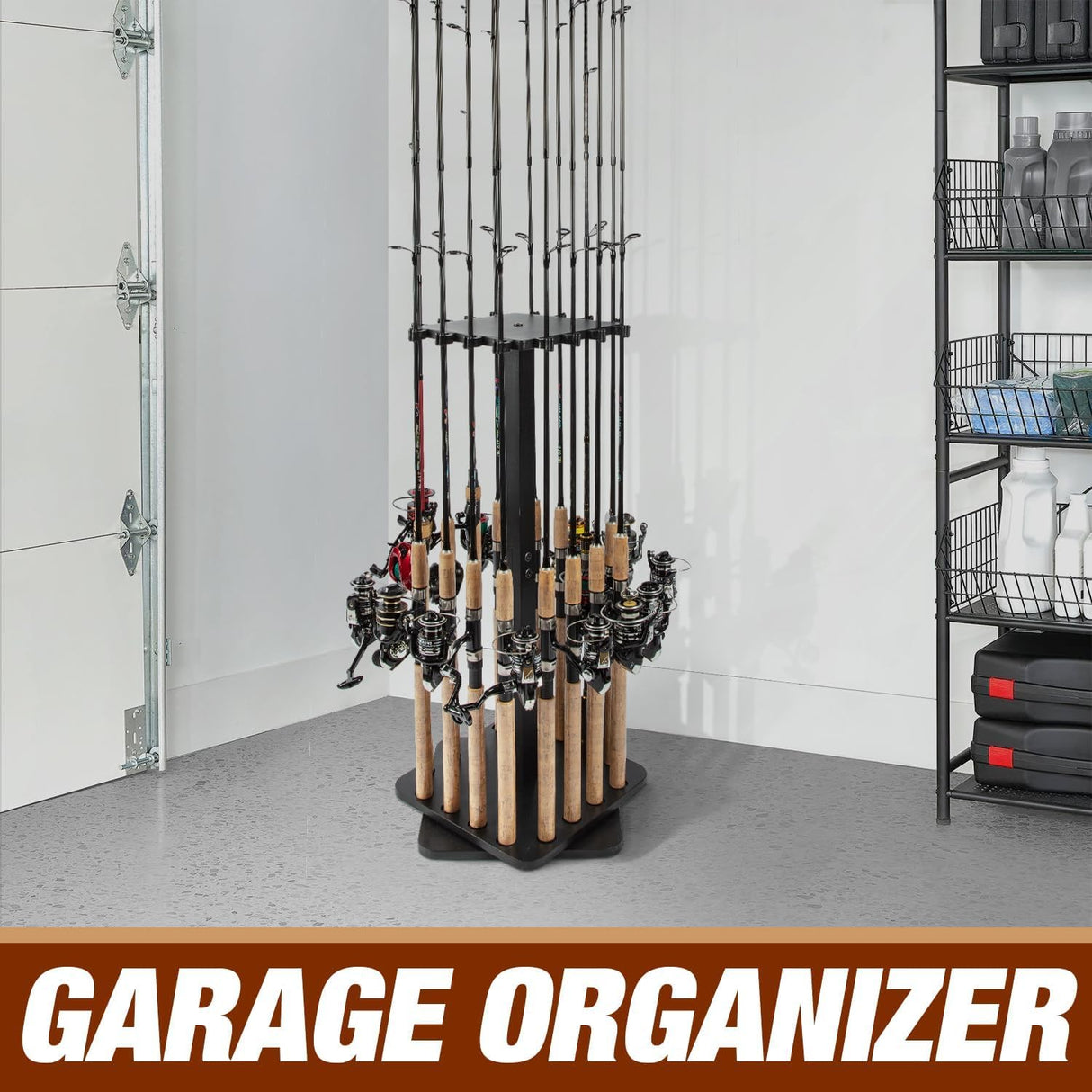 Ghosthorn Fishing Rod Holders for Garage 360 Degree Rotating Fishing Pole Rack, Floor Stand Holds up to 16 Rods Wood Fishing Gear Equipment Storage Organizer, Fishing Gifts for Men Women Ghosthorn