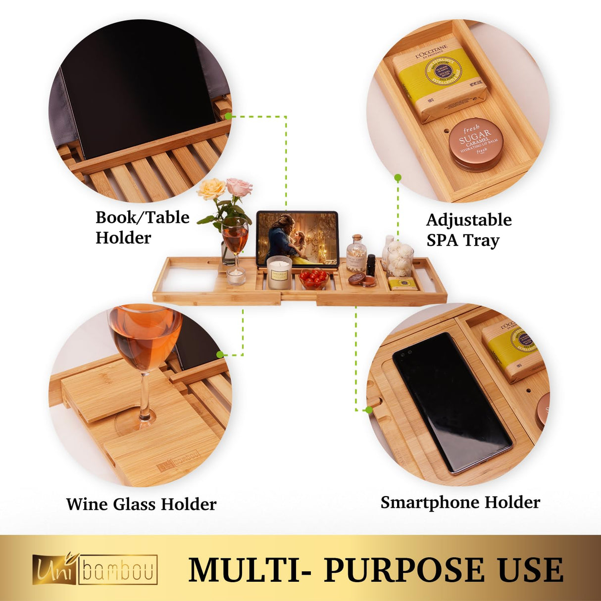 Bamboo Bathtub Caddy Tray for Luxury Bath, Expandable Bath Tray for Tub with Book and Wine Holder- Gift Idea for Loved Ones Unibambou