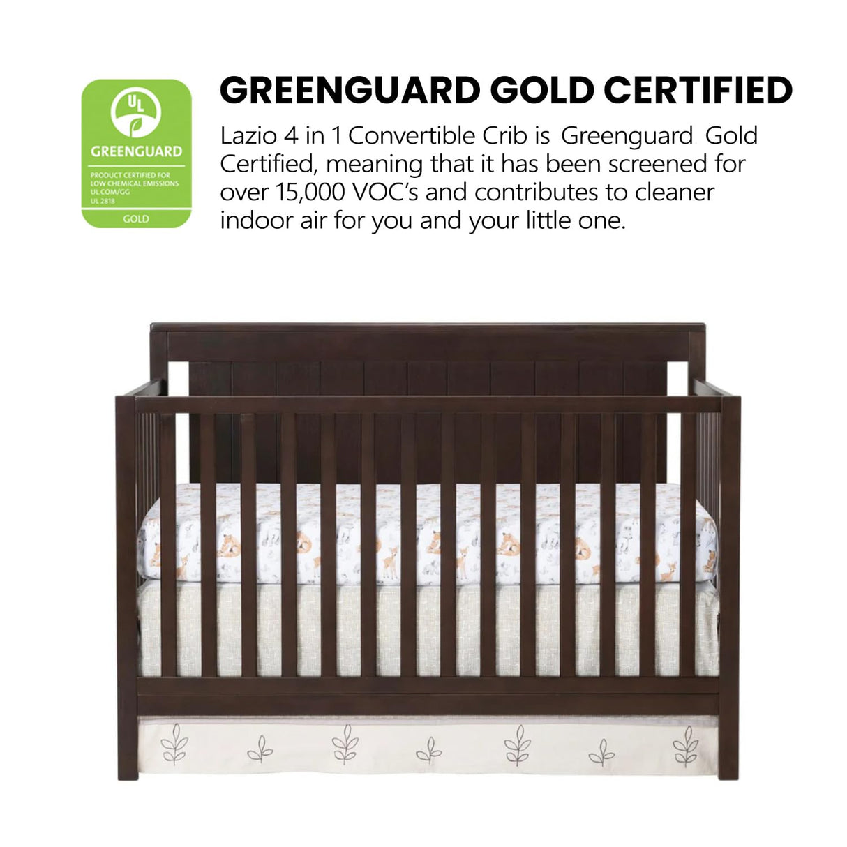 Oxford Baby Lazio 4-in-1 Convertible Baby Crib, Espresso Brown, GreenGuard Gold Certified Oxford Baby