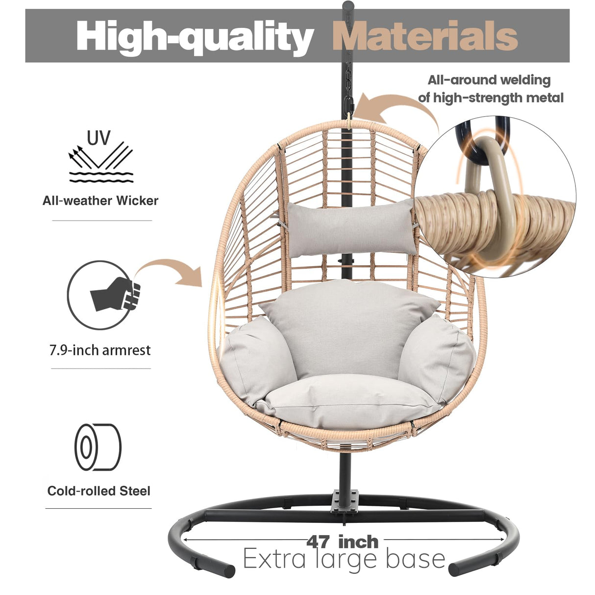 CHINNLUU Oversized Hanging Egg Chair Outdoor Wicker Swing Chair with Stand Rain Cover UV Resistant Cushion 400lbs Capacity for Patio, Garden and Balcony CHINNLUU