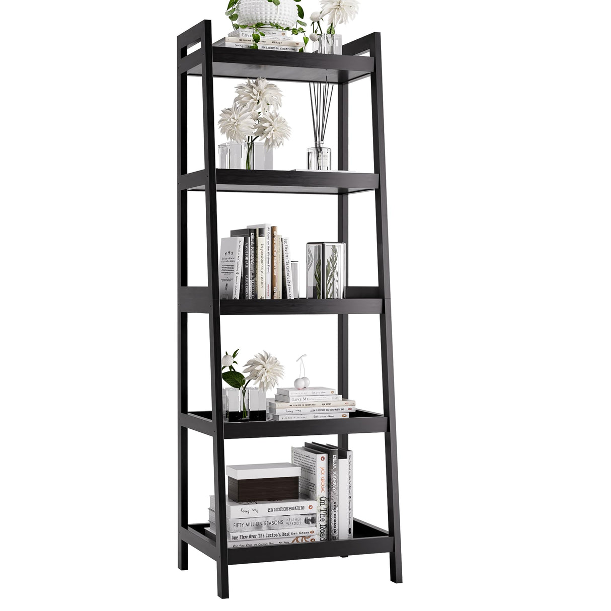 vovala Bookshelf, 5 Tier Ladder Bookcase with Bamboo Frame, Freestanding Tall Narrow Display Plant Shelf for Living Room, Kitchen, Bedroom, Balcony, Black vovala