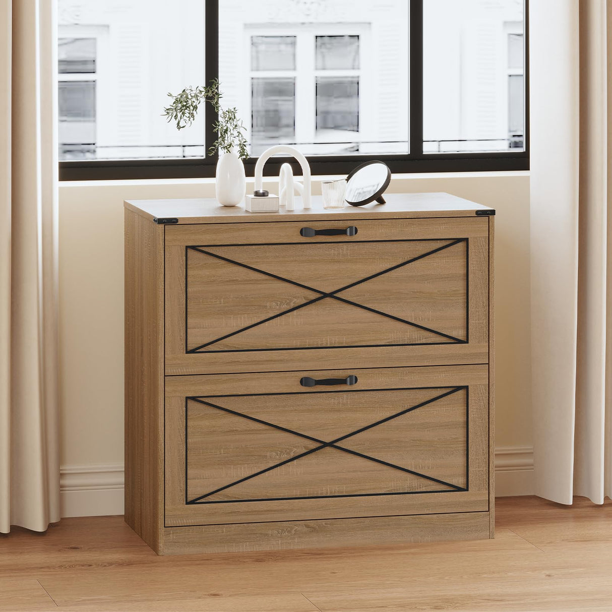 Vabches Farmhouse File Cabinet with 2 Drawers, Lateral Filing Cabinet Office File Cabinet with File Drawers, Wood Rustic Storage Cabinet File Organizer for Home Office, Living Room, Brown Vabches