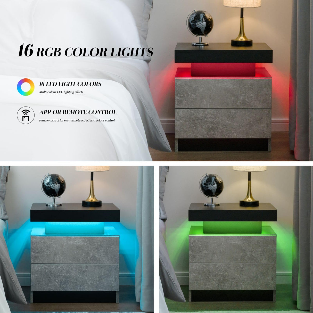 LED Nightstand Bedside Drawer Led Cabinet LED Lights Modern End Side Table with 2 Drawers for Bedroom Grey Generic