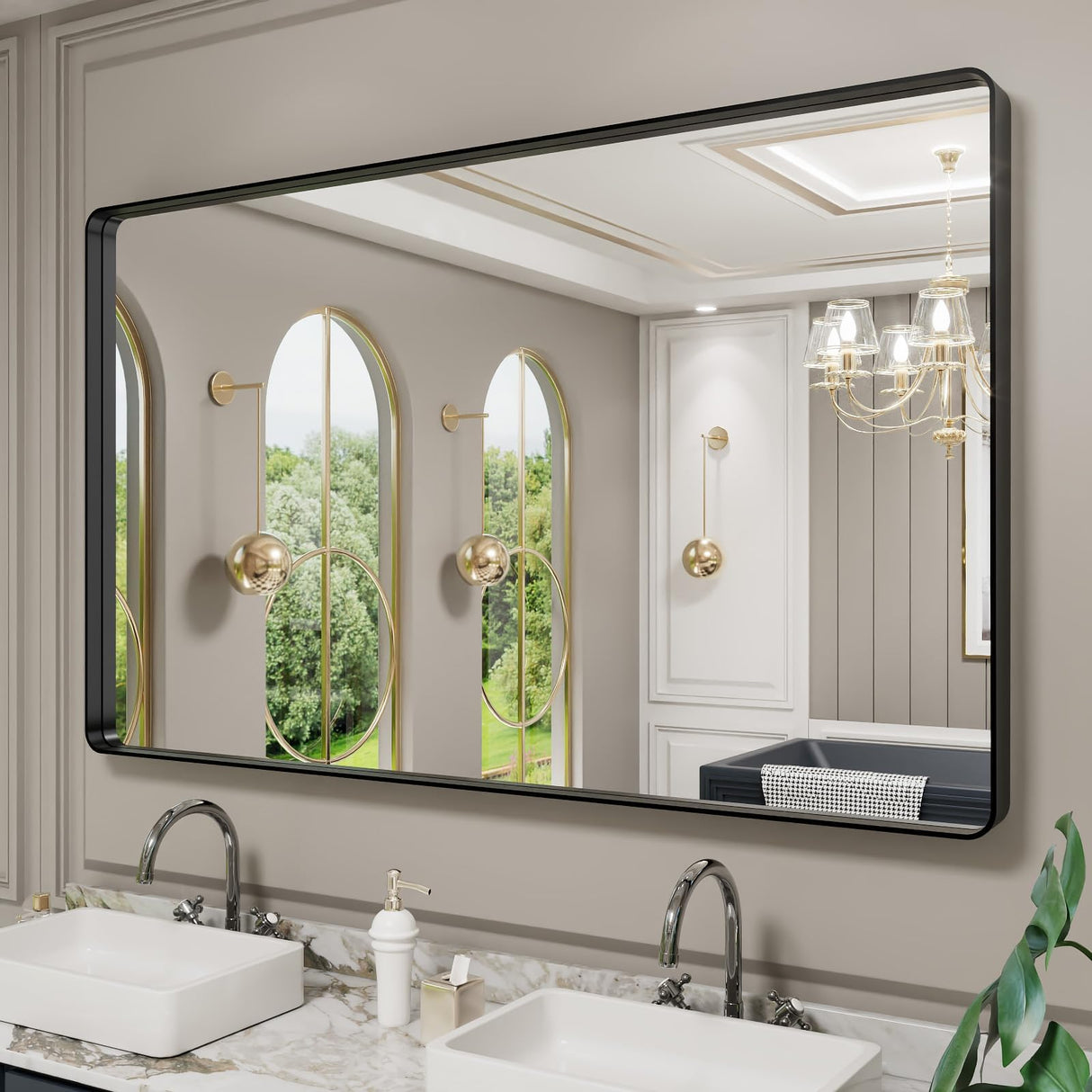 LOAAO 60X30 Inch Black Metal Framed Bathroom Mirror for Wall, Matte Black Bathroom Vanity Mirror Farmhouse, Large Rounded Rectangle Mirror, Anti-Rust, Tempered Glass, Hangs Horizontally or Vertically LOAAO