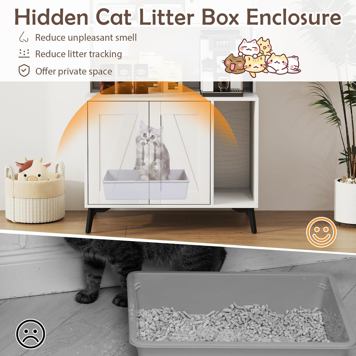 PETSITE Cat Litter Box Enclosure with Storage Shelf, 52 Inches Tall Modern Wooden Hidden Litter Box Furniture with Storage Shelving, Ideal for Indoor Cats (White) PETSITE