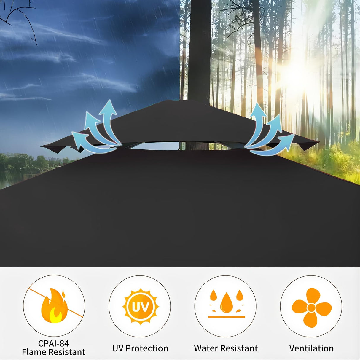 Generic Outdoor Double Tiered Grill Gazebo BBQ Patio Canopy Tent,Party Tent with Pendant Light and Floor Fixing (Black) Generic