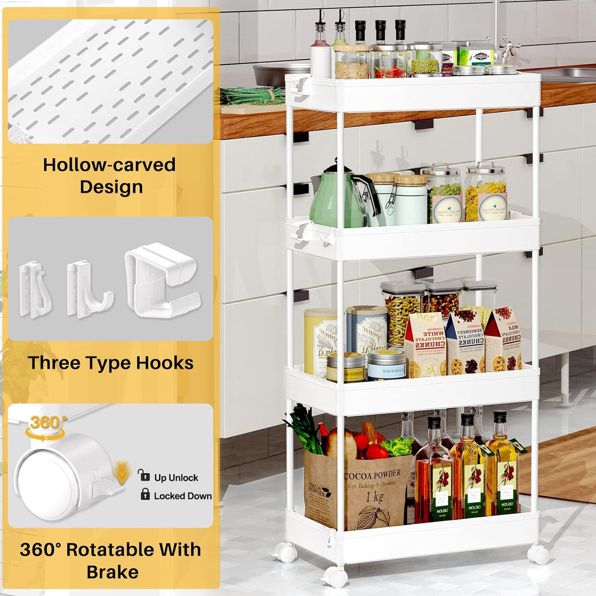 SPACEKEEPER Storage Cart, 4-Tier Mobile Shelving Unit, Bathroom Rolling Cart Utility Storage Organizer Shelf for Kitchen Living Room Bathroom Laundry Room & Dressers, White SPACEKEEPER