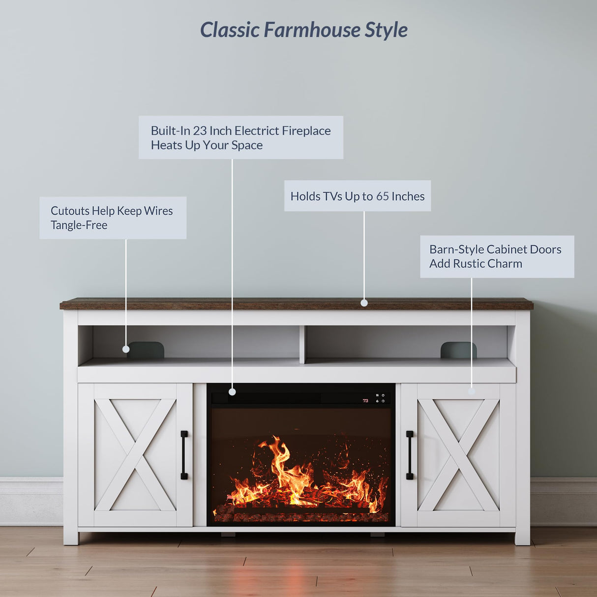 BELLEZE 58" Farmhouse Fireplace TV Stand for TVs up to 65", 23" Electric Fireplace Heater with Sound, Entertainment Center Media Console Table Barn Door Storage Cabinets for Living Room - White BELLEZE