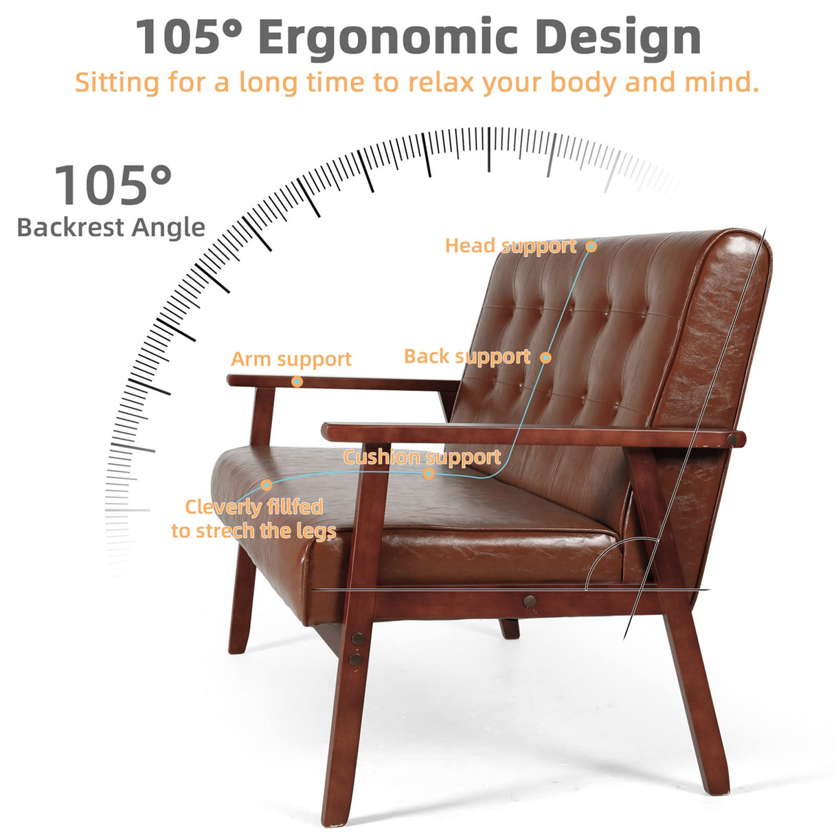 JIASTING Mid Century Modern Loveseat Sofa with Wooden Arms Leather Office Couch 2-Seat Wood Love Seat Lounge Armchair Living Room Bedroom, Waiting Room Sofa, 50”W (Leather, Brown Loveseat N) JIASTING
