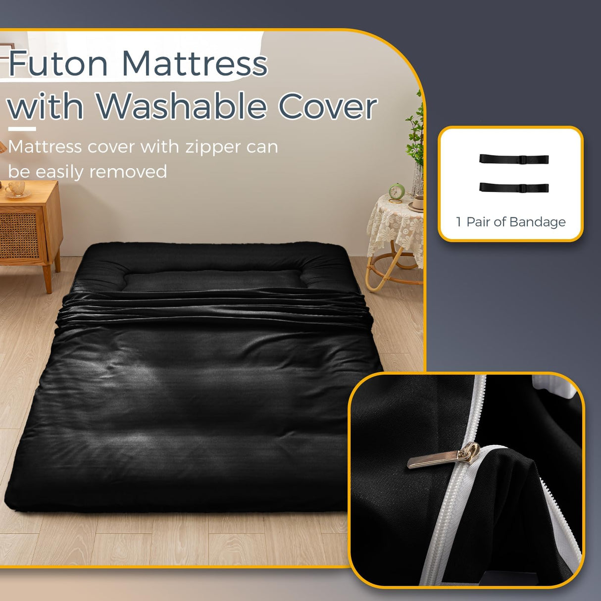 MAXYOYO 6" Extra Thick Japanese Floor Mattress Futon Mattress, Foldable Mattress Tatami Pad Floor Mattress for Adults Floor Bed Roll Up Mattress Guest Mattress, Black, Full MAXYOYO