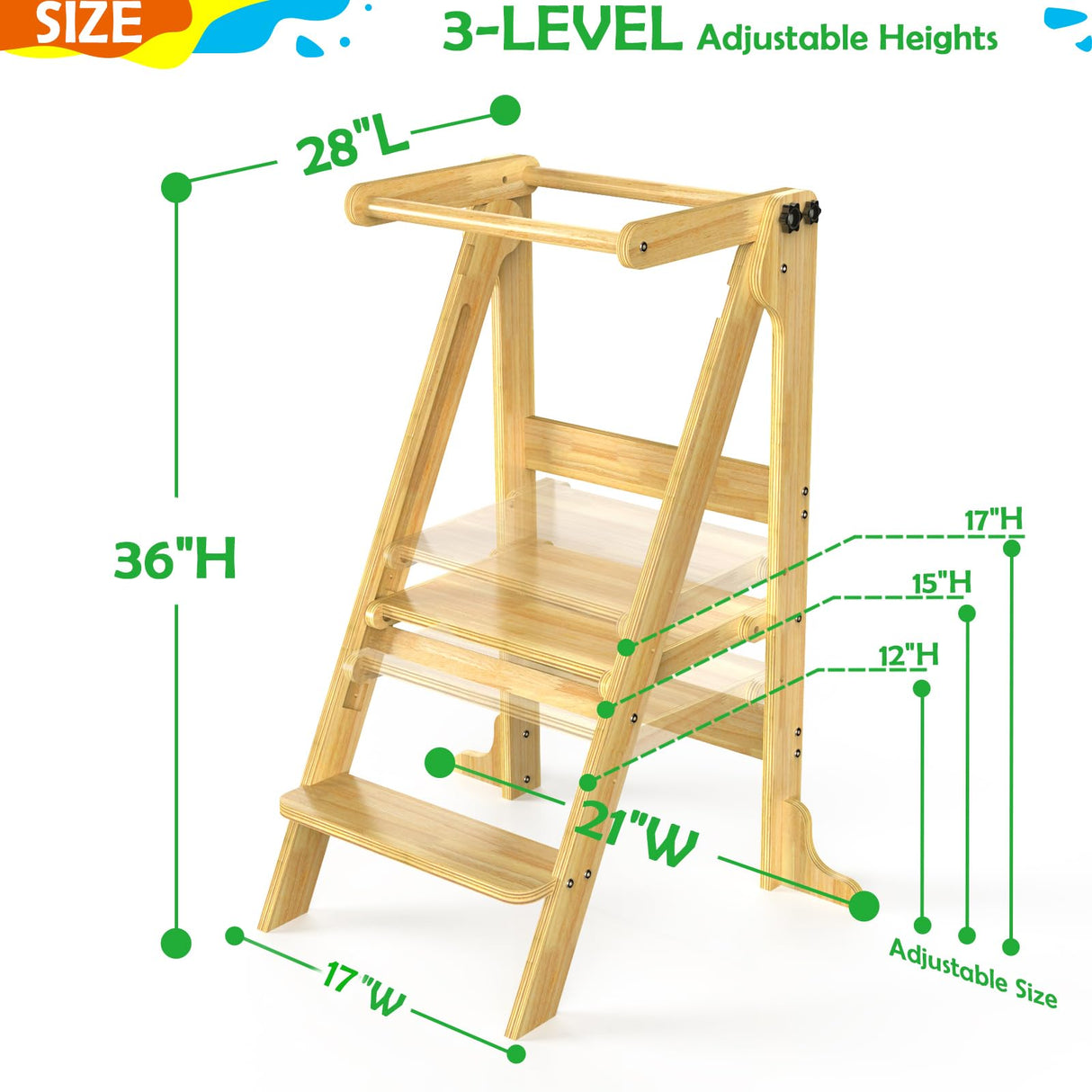 Toddler Tower Foldable - Kids Kitchen Step Stool with 3 Adjustable Heights & Safety Rail, Montessori Tower with Chalkboard for Learning, Standing Tower Helper Stool for Kitchen Counter Sink (Natural) SAUCE ZHAN