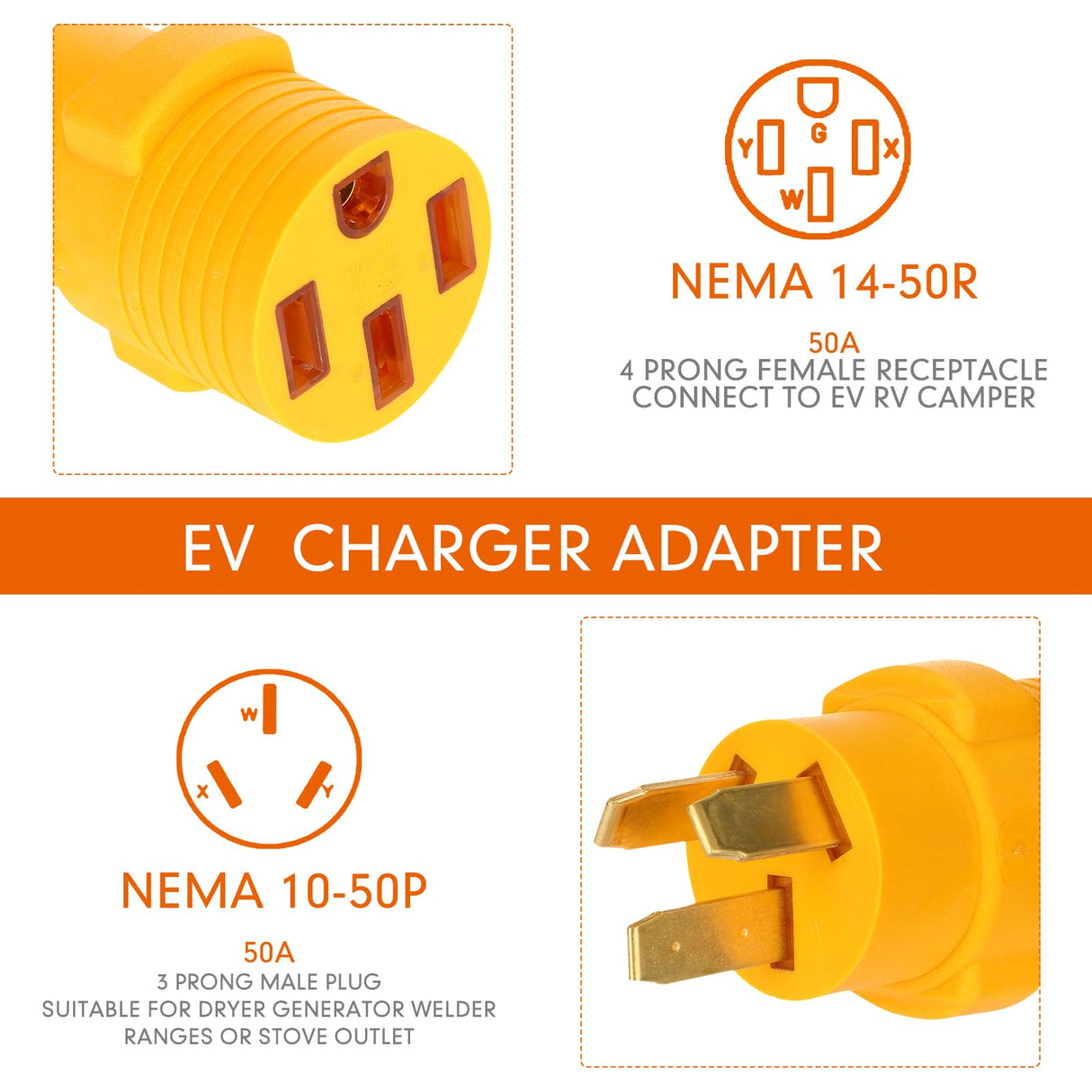 Kanayu 3 Prong Stove Adapter Compatible with NEMA 10-50P to 14-50R Adapter 3 Prong Male Plug to 4 Female Receptacle 50Amp EV Charger Generator Welder Dryer Power Cord Connector(Yellow) Kanayu