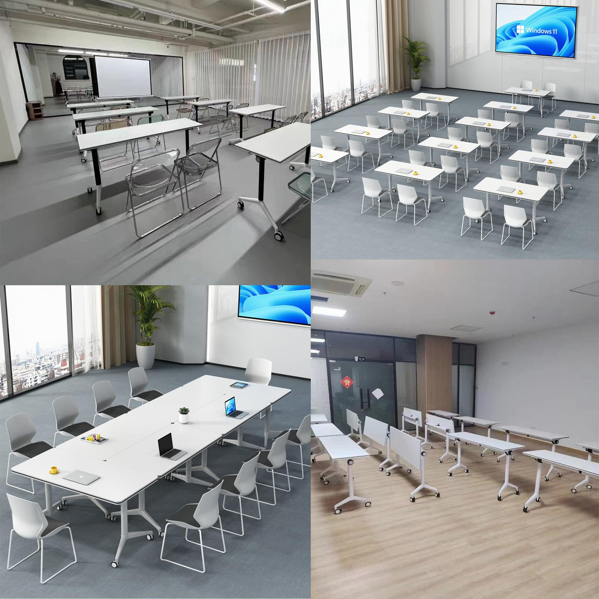 conference table,modern white office folding Flip Top Mobile Training Table 55"D x 21.6"W x 29.5"H The rounded table with wheels is convenient and fast,suitable for office,meeting room,classr ( 4Pcs) Ptosziav