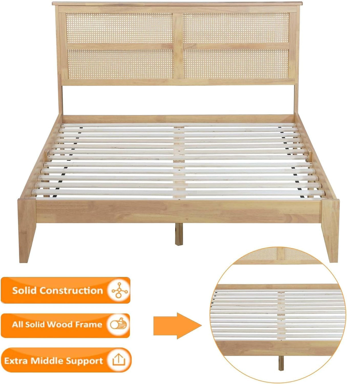 Queen Size Rattan Bed Frame, Natural Wood Bed Frame with Support Legs, Platform Bed with Rattan Headboard, Queen Bed Frame with Storage Underneath, No Box Spring Needed, White Oak RuiSiSi