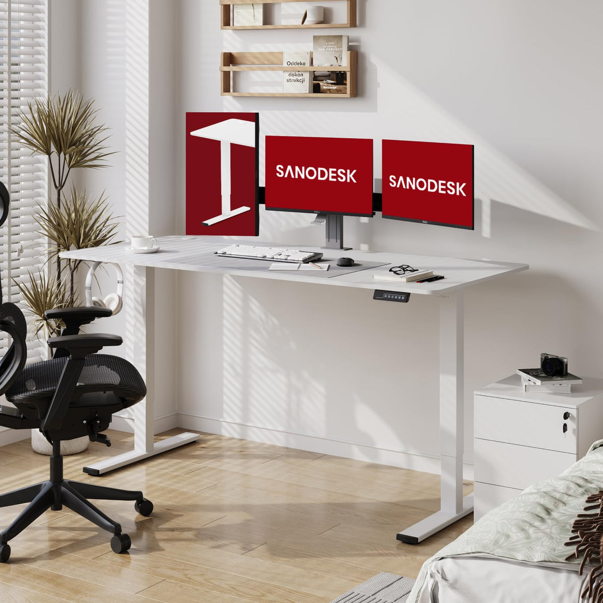 SANODESK Electric Standing Desk 71x32 Inch Height Adjustable Stand Up Desk Home Office Computer Workstation Sit Stand Home Office Desk with Splice Board (White Frame + White Top) SANODESK