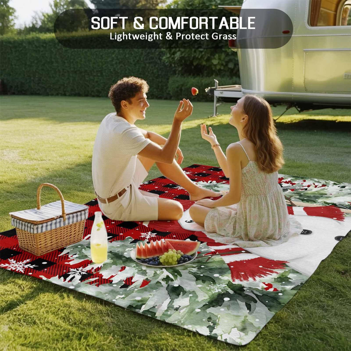 Christmas Red Snowman Outdoor Rug 6x9ft Winter Snowflakes Tree Red Plaid Waterproof Patio Rugs Lightweight Foldable Outside Large Area Rug Carpet for Porch Deck Balcony Backyard Camper Lkicikik