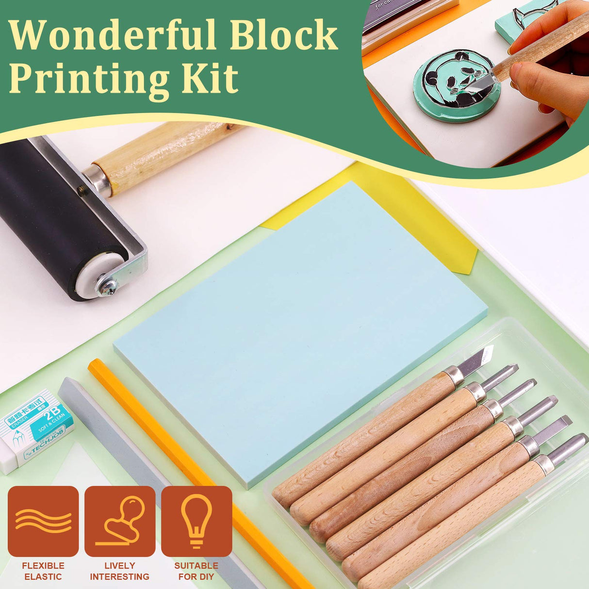 Keadic 24 Pieces Rubber Block Stamps Carving Starter Tool Kit, Comes with Stamp Block, Ink Roller, 6 Carving Tools, Tracing Papers, Pencil & Ink Mixing Tray for Stamp Carving and Printmaking Keadic