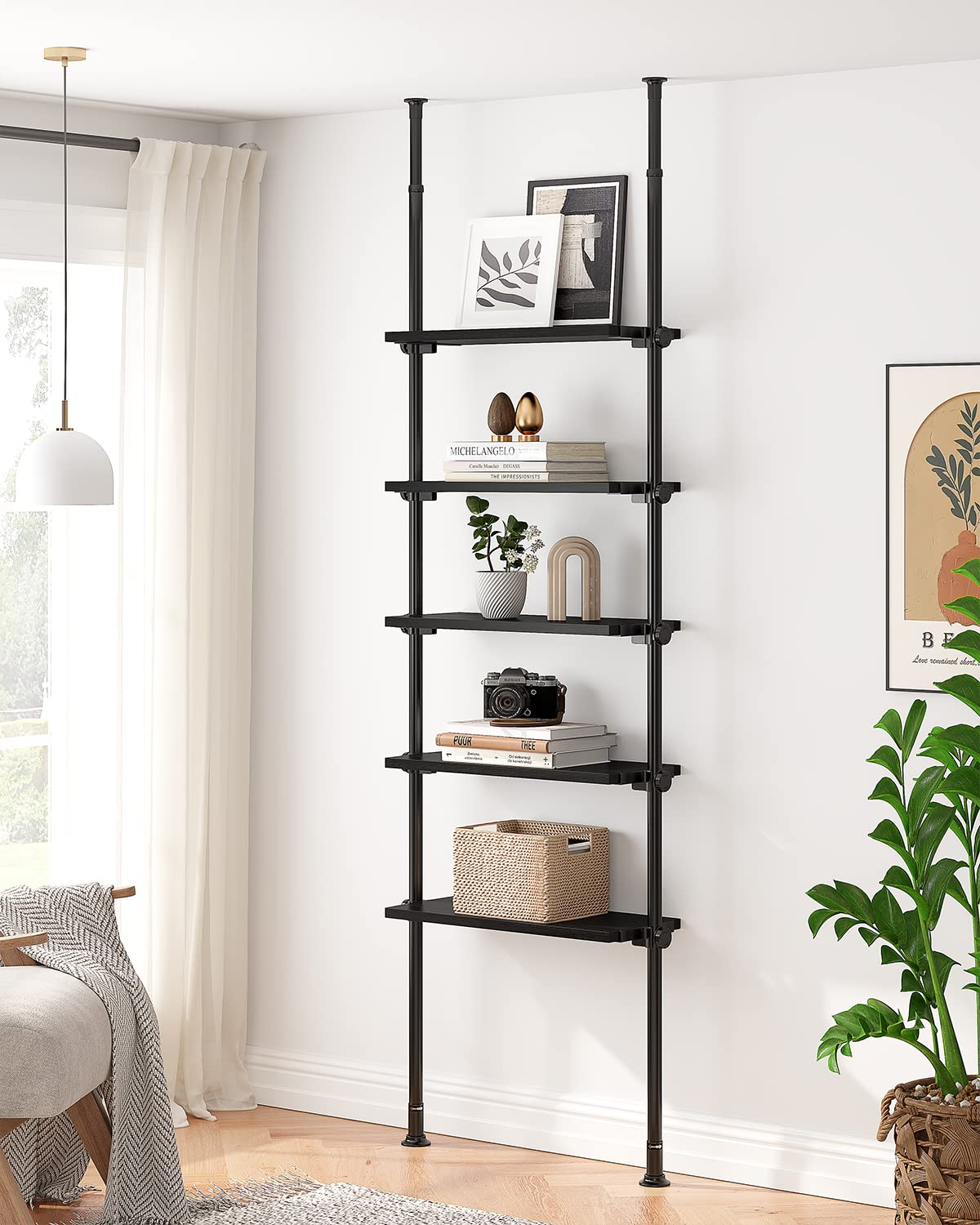 ALLZONE Adjustable 5-Tier Narrow Ladder Bookshelf with Tension Mount for Modern Spaces, Black ALLZONE