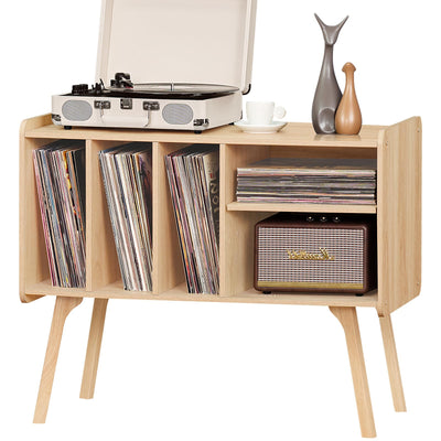 Lerliuo Record Player Stand with 4 Cabinet Holds Up to 220 Albums, Large Stand with Beech Wood Legs, Mid-Century Record Player Table,Burlywood Vinyl Holder Storage Shelf for Living Room