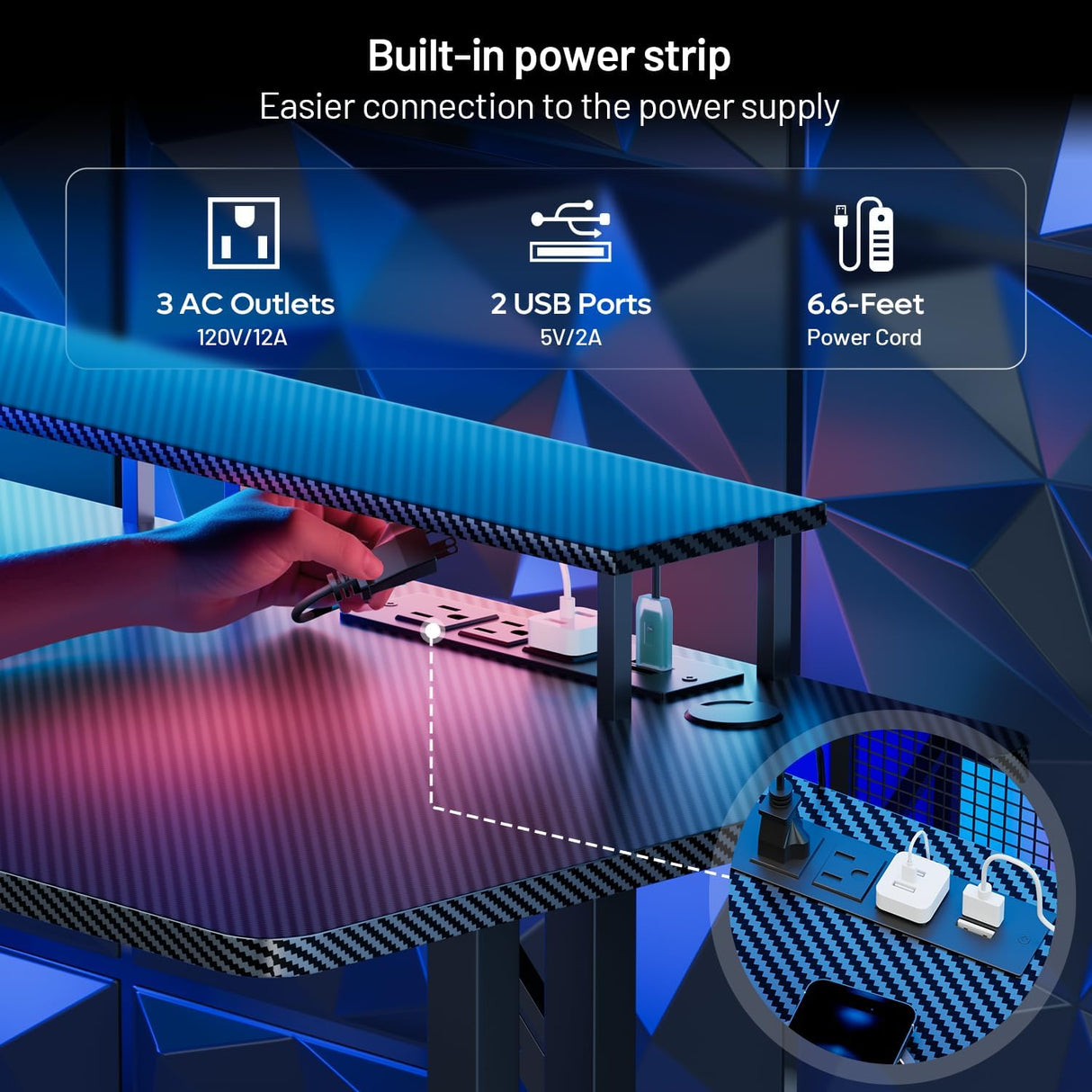 HLDIRECT 47 Inch Gaming Desk with LED Lights & Power Outlet, Computer Gamer Desk with Monitor Stand, Ergonomic Carbon Fiber Gaming Table Home Office Desk with Cup Holder, Headphone Hook & Mouse Pad HLDIRECT