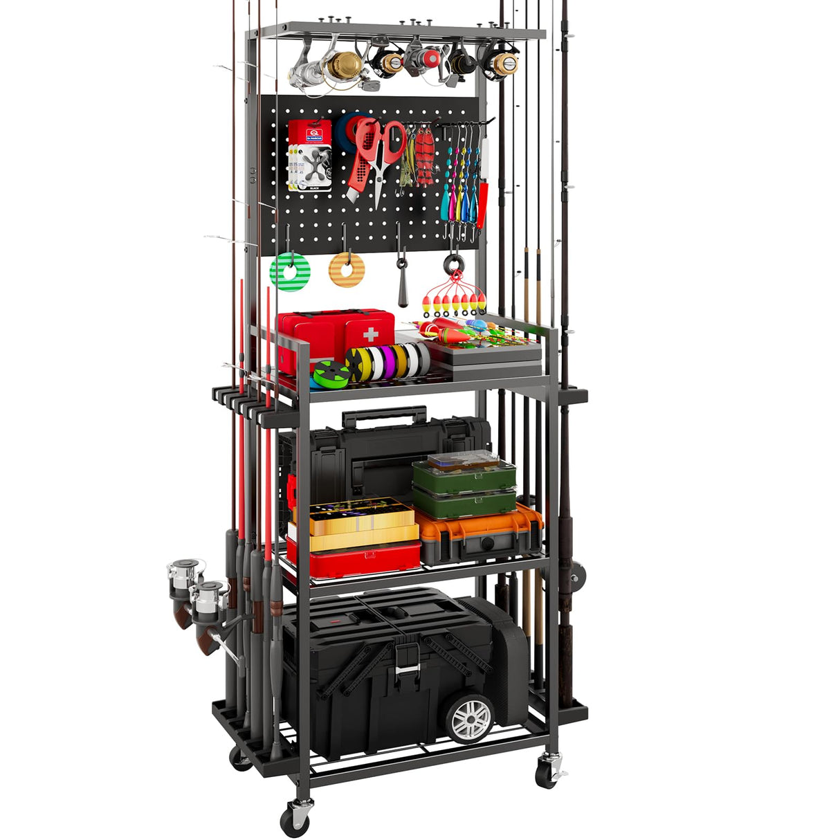 Fishing Rod Holders for Garage, Fishing Rod Storage Rack with Hooks & Wheels, Fishing Pole Holder Organizer, Tackle Box & Reel Storage Black SEEAHEAD