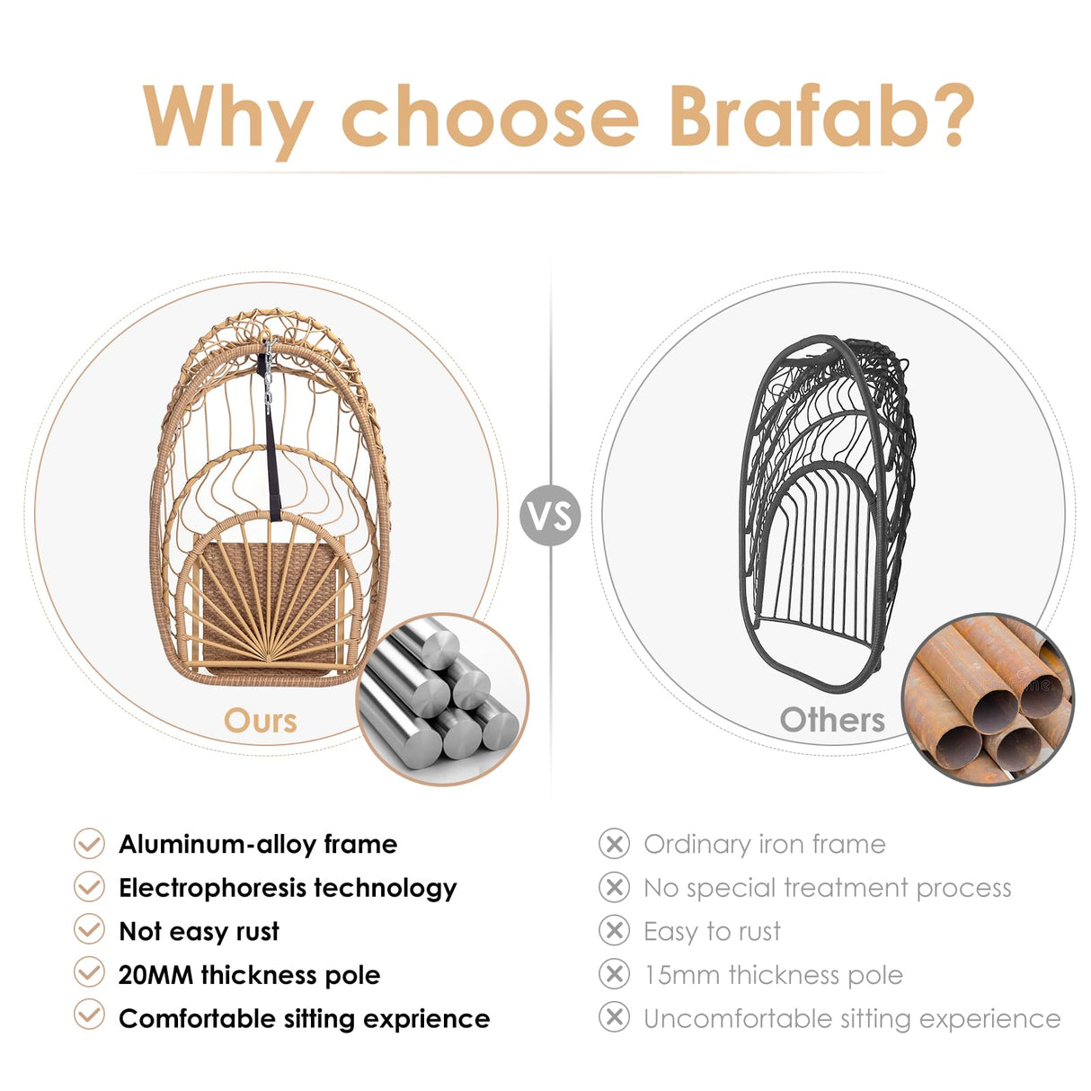 Brafab Hanging Egg Chair with Stand and Footrest, Wicker Egg Swing Chair Indoor Outdoor Aluminum-Steel Frame and UV Resistant Cushion, Patio Lounge Hammock Chairs for Bedroom 370LBS Capacity, Begie Brafab