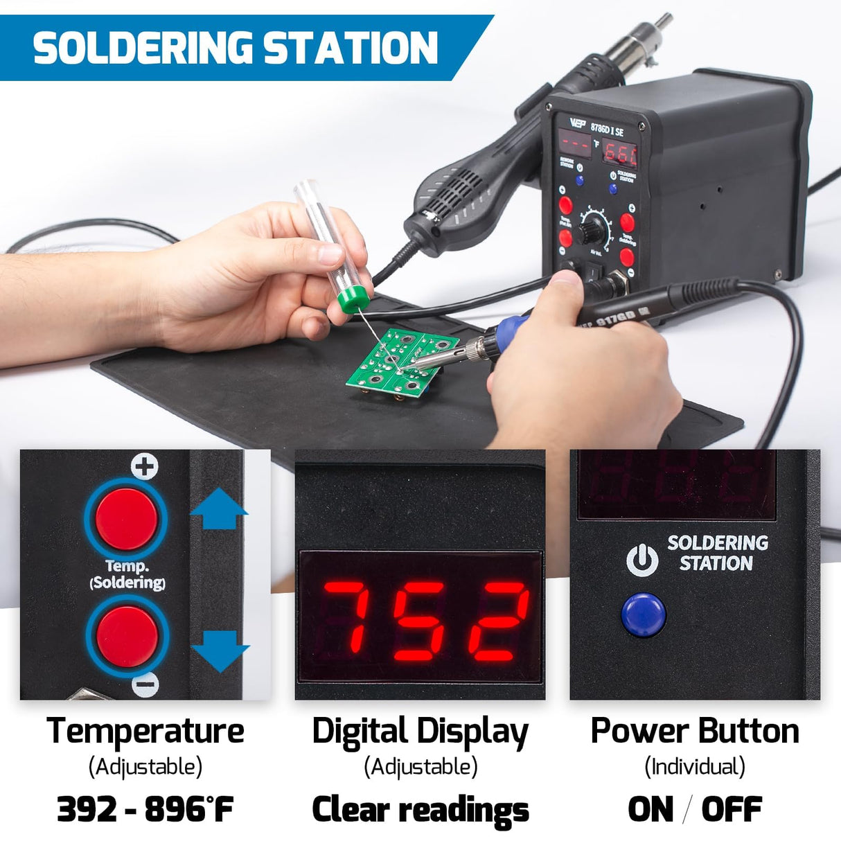 WEP 8786D-I SE Hot Air Soldering Iron Station Kit 2-IN-1 for Rework, Desoldering with Lead-Free Solder Wire, 5 Soldering Tips, 3 Hot Air Nozzles,Tweezers, Desoldering Pump WEP